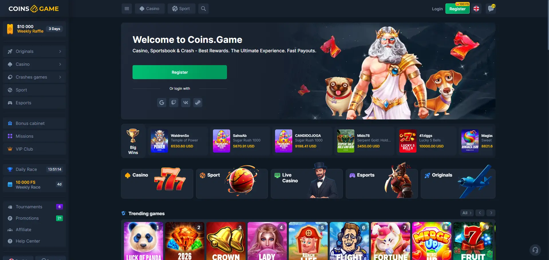 Coins.Game desktop homepage with registration banner, Big Wins, Casino, Sport, Live Casino, Esports and Originals sections, plus a Trending Games carousel.