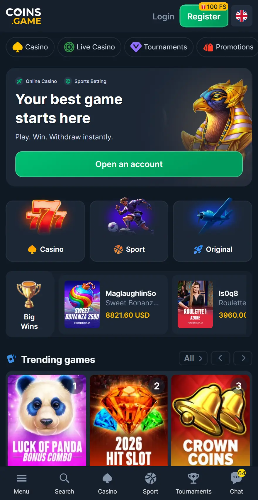 Coins.Game mobile homepage featuring account registration, Casino, Sport and Original game sections, Big Wins and Trending Games including Luck of Panda and Crown Coins.