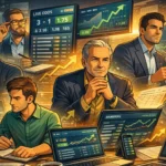Best sports bettors illustrated as legendary online betting strategists analysing live odds, bankroll charts, betting slips, and sports data across digital screens