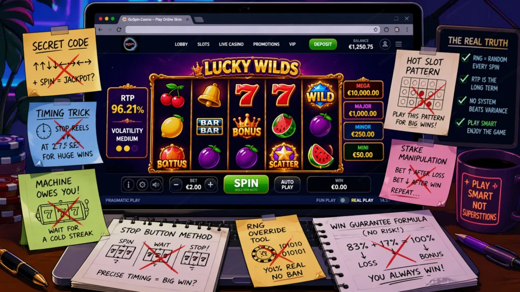 Online casino slot screen with crossed-out cheat code notes, timing trick sketches, and RNG-style references, showing the truth behind slot machine myths and fake hacks.