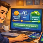 Online crypto casino player receiving instant withdrawal confirmation on laptop and smartphone showing BTC, LTC and USDT payout completed