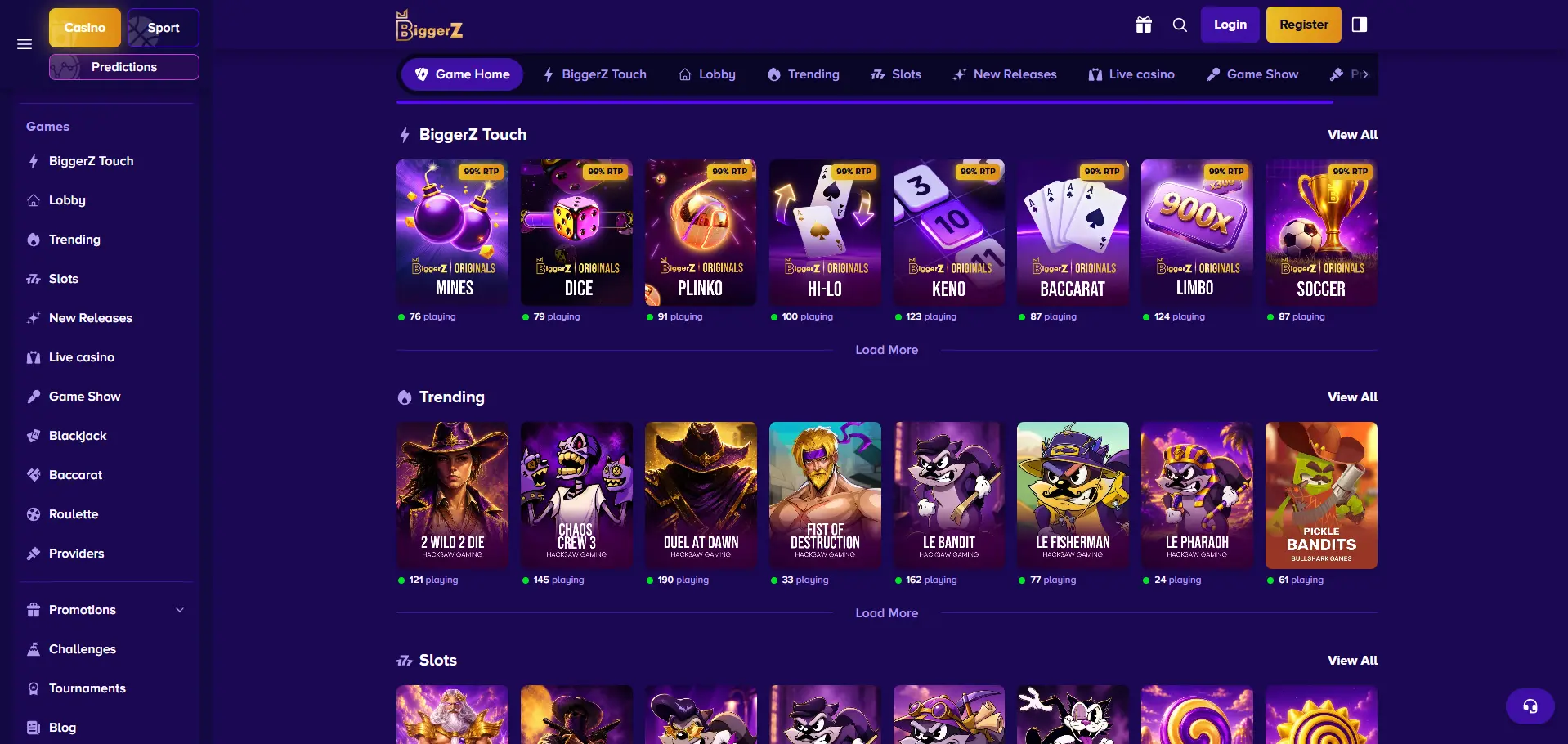 BiggerZ Casino desktop game lobby with BiggerZ Touch originals, Trending casino games, slots, live casino categories and navigation.