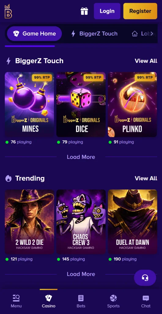 BiggerZ Casino mobile lobby showing BiggerZ Touch games including Mines, Dice and Plinko, plus Trending titles such as 2 Wild 2 Die and Chaos Crew 3.