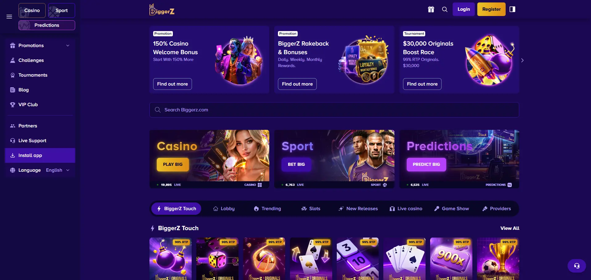 BiggerZ desktop homepage with a 150% casino welcome bonus, rakeback rewards, Originals Boost Race, casino, sport and predictions sections.