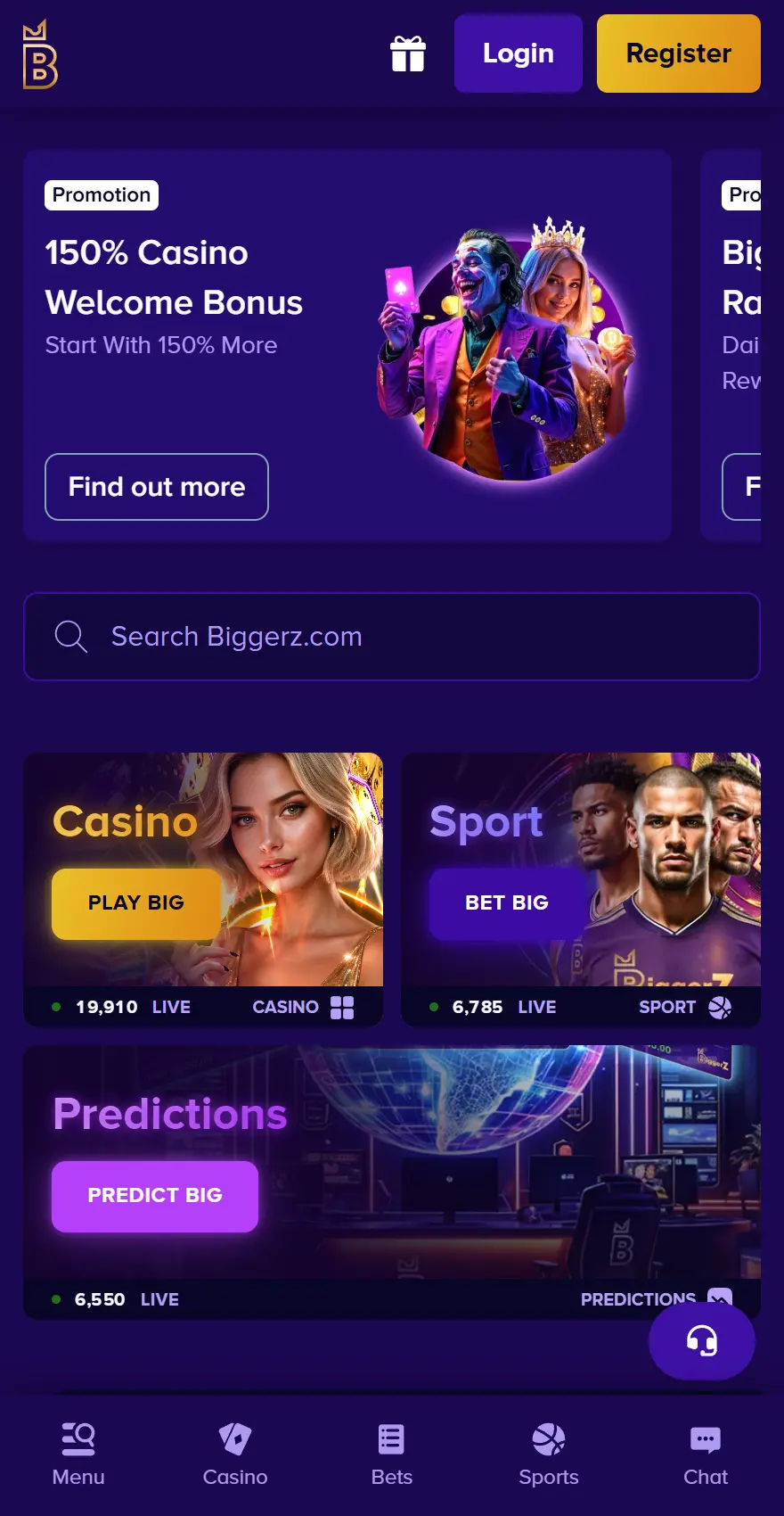 BiggerZ mobile homepage featuring a 150% casino welcome bonus, casino, sport and predictions sections, search, login and registration options.