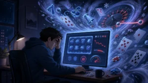 A tired online gambler faces a glowing computer as icy slot symbols, losing cards, missed roulette numbers, falling balance indicators, and pause-limit icons swirl around the screen, symbolizing a cold streak and the need for responsible bankroll control.