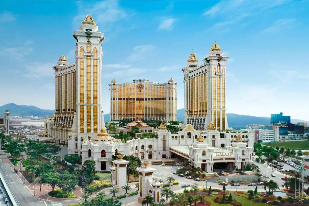 Galaxy Macau exterior in Cotai, showing the resort’s gold towers, main entrance, and surrounding streets.