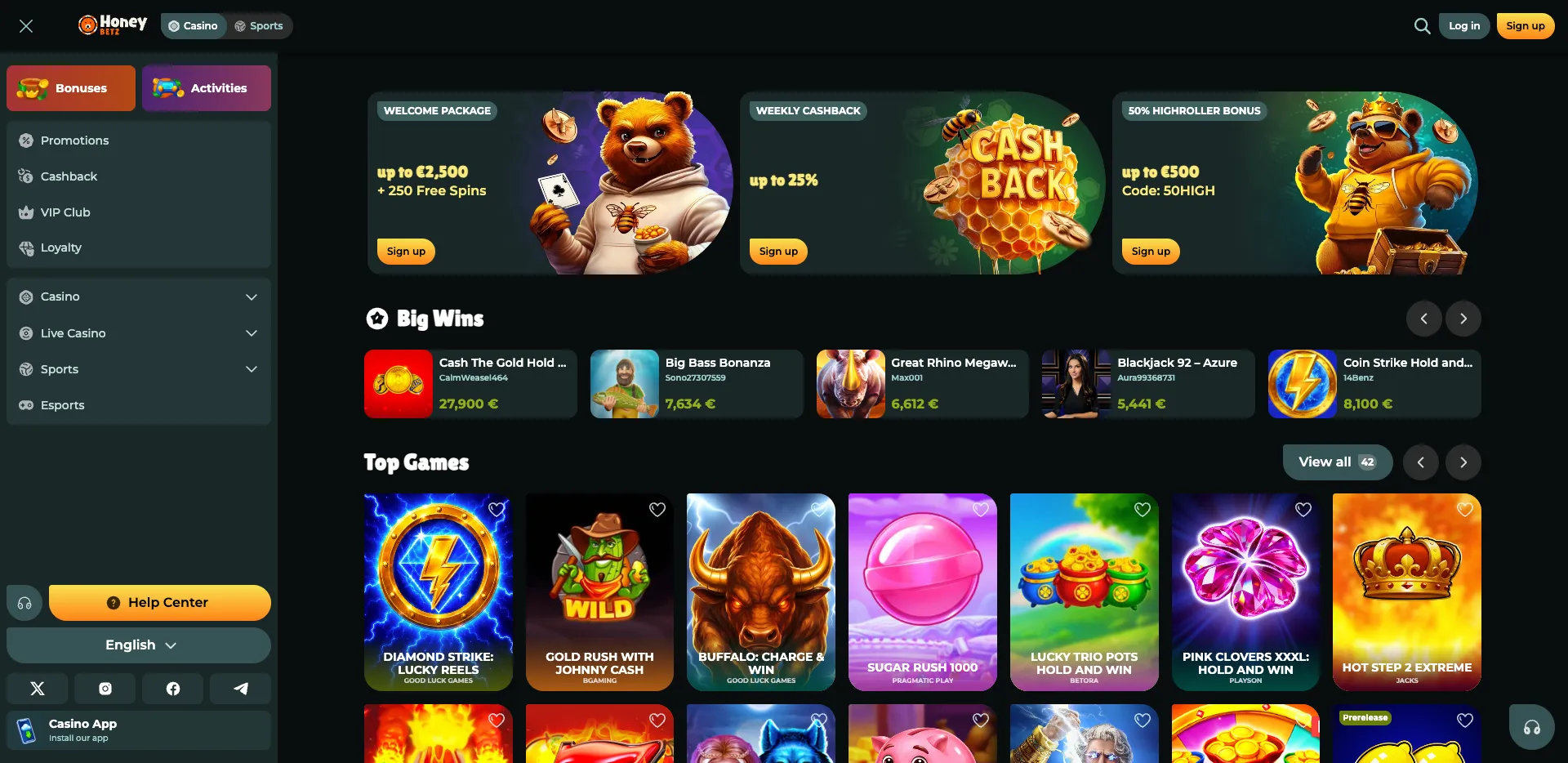 Honeybetz Casino homepage showing the dark-themed lobby, welcome bonus, weekly cashback, highroller bonus, Big Wins section and Top Games carousel.