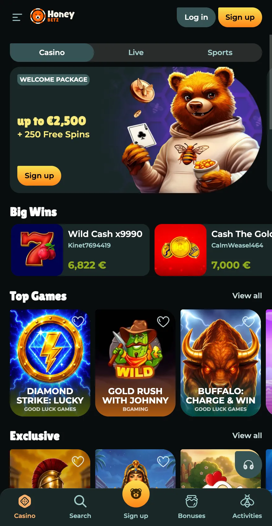 Honeybetz Casino mobile homepage showing the welcome package, Big Wins, Top Games, Exclusive section and bottom navigation menu.