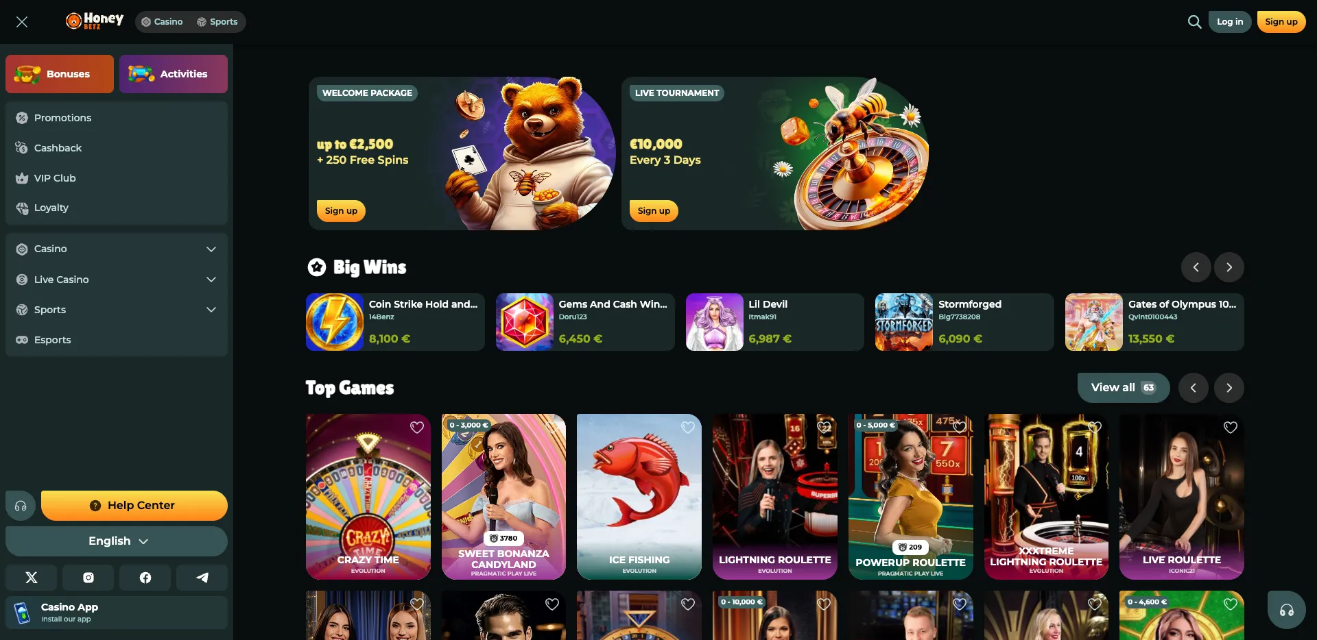 Honeybetz Casino live casino lobby showing the welcome package, live tournament banner, Big Wins section and live games from Evolution, Pragmatic Play Live and Iconic21.