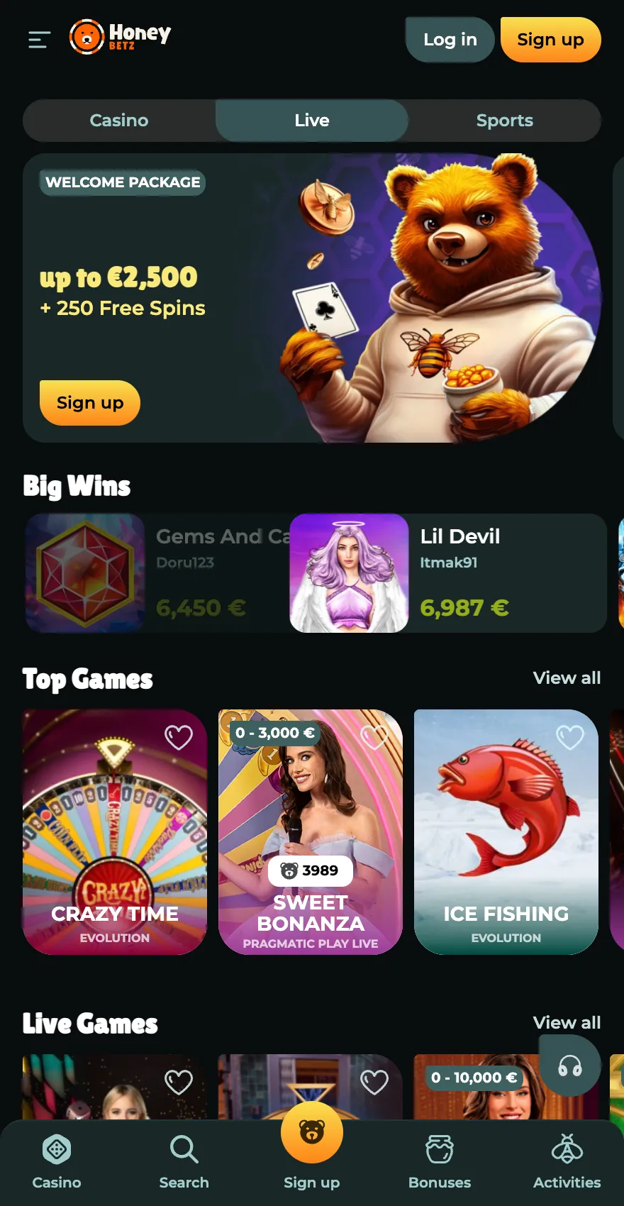 Honeybetz Casino mobile live casino page showing the welcome package, Big Wins, Top Games and Live Games sections with titles from Evolution and Pragmatic Play Live.