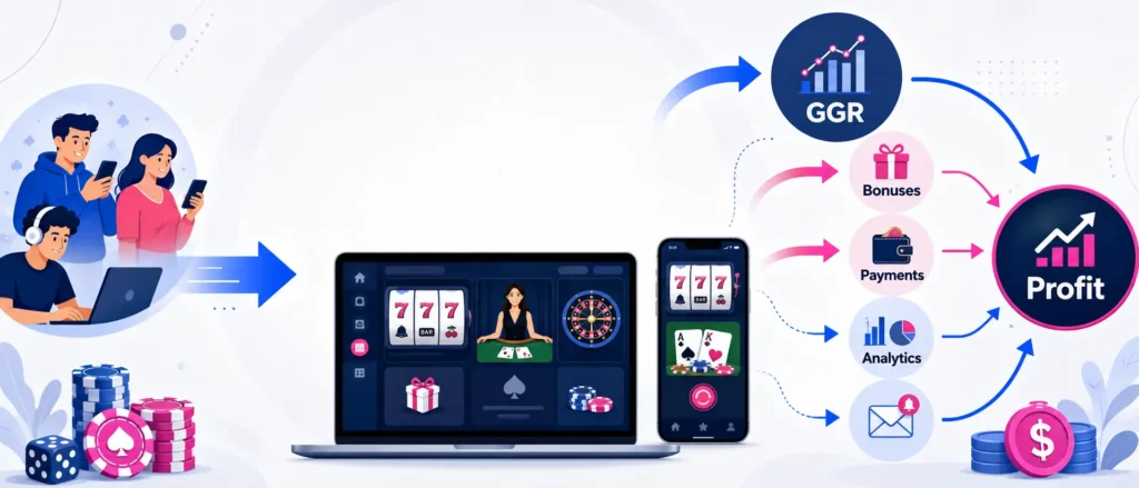 2D infographic-style hero banner showing an online casino revenue flow, with players using devices, a laptop and smartphone displaying casino games, and arrows connecting GGR, bonuses, payments, analytics and profit.