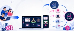 2D infographic-style hero banner showing an online casino revenue flow, with players using devices, a laptop and smartphone displaying casino games, and arrows connecting GGR, bonuses, payments, analytics and profit.