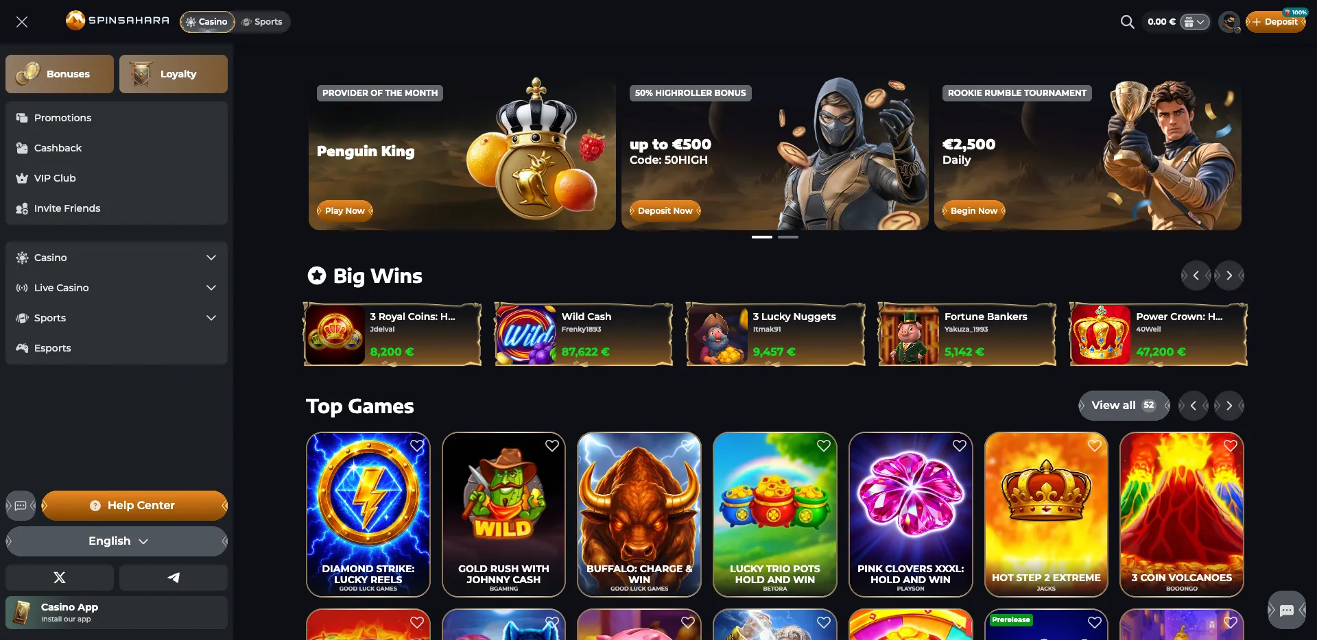 Spinsahara Casino homepage showing the dark-themed lobby, promotional banners, Big Wins section and Top Games catalogue.