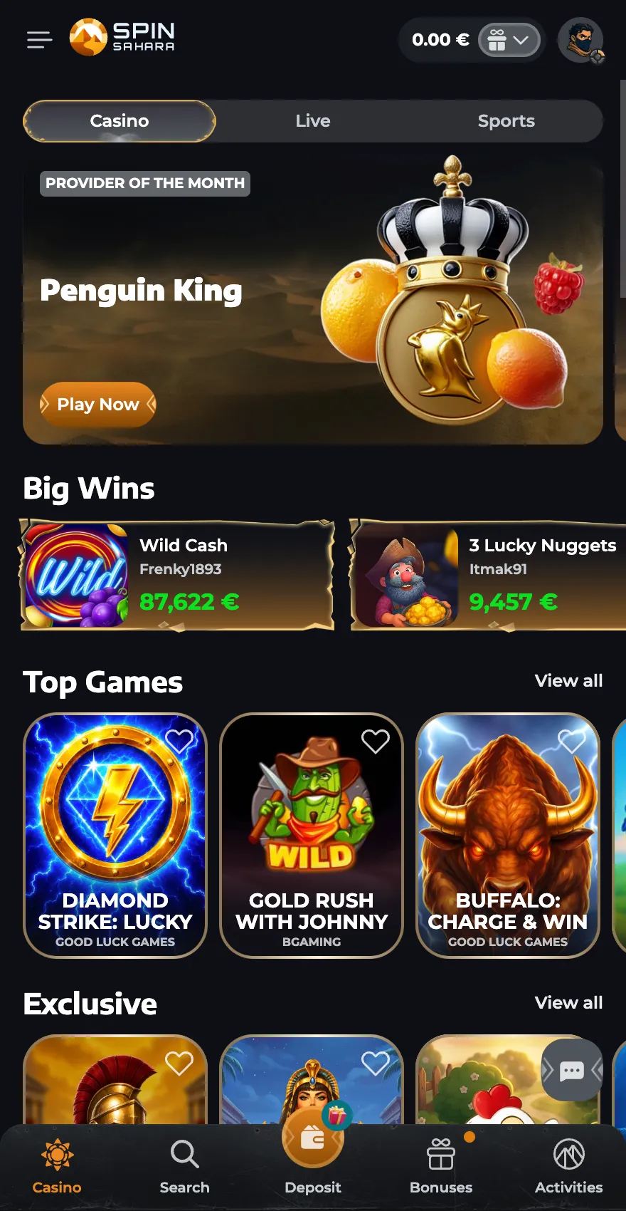 Spinsahara Casino mobile homepage showing the Casino, Live and Sports tabs, Penguin King promotion, Big Wins, Top Games and Exclusive game sections.