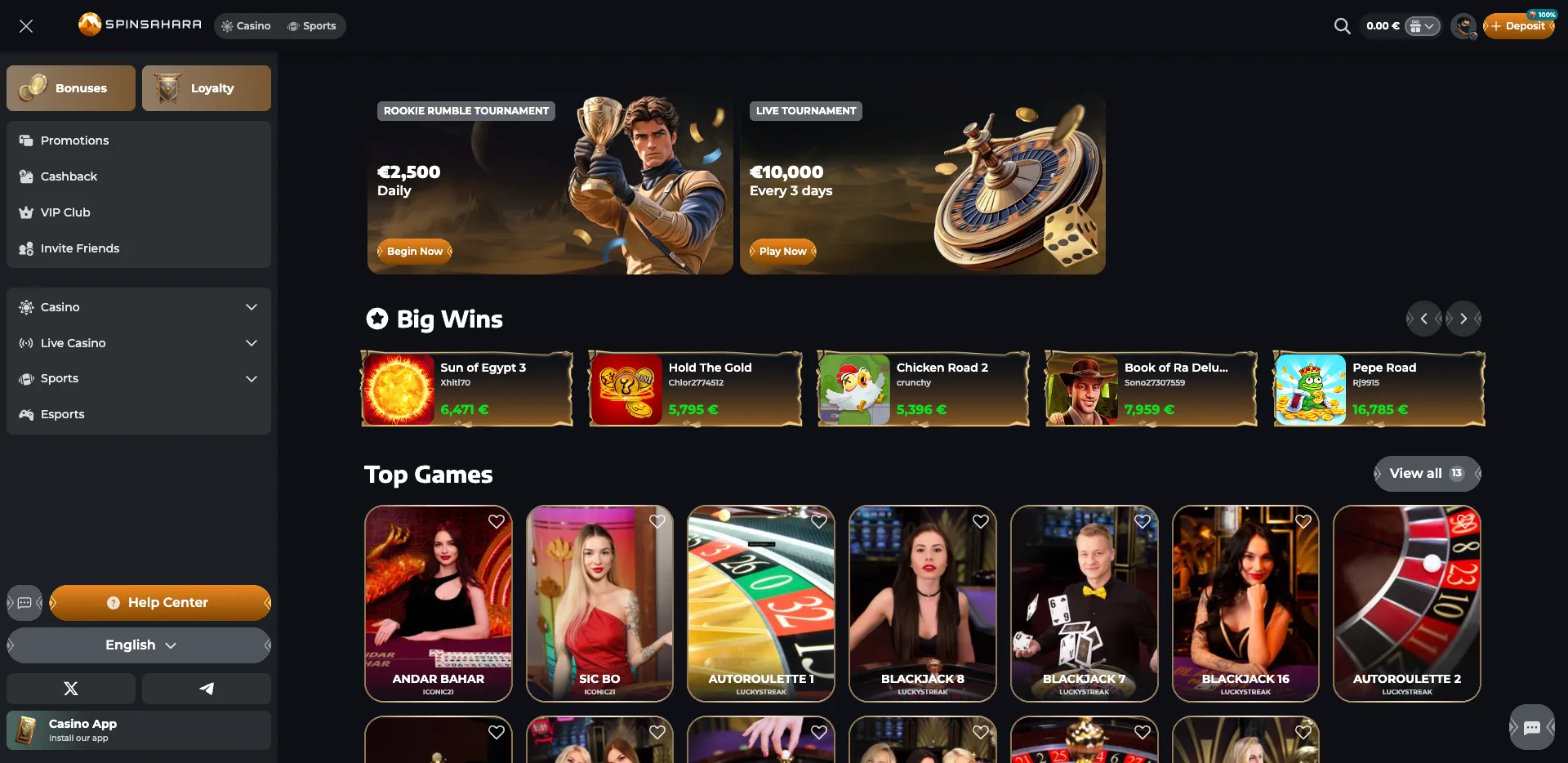 Spinsahara Casino Live Casino page showing tournament banners, Big Wins and live table games including Andar Bahar, Sic Bo, Auto Roulette and Blackjack.