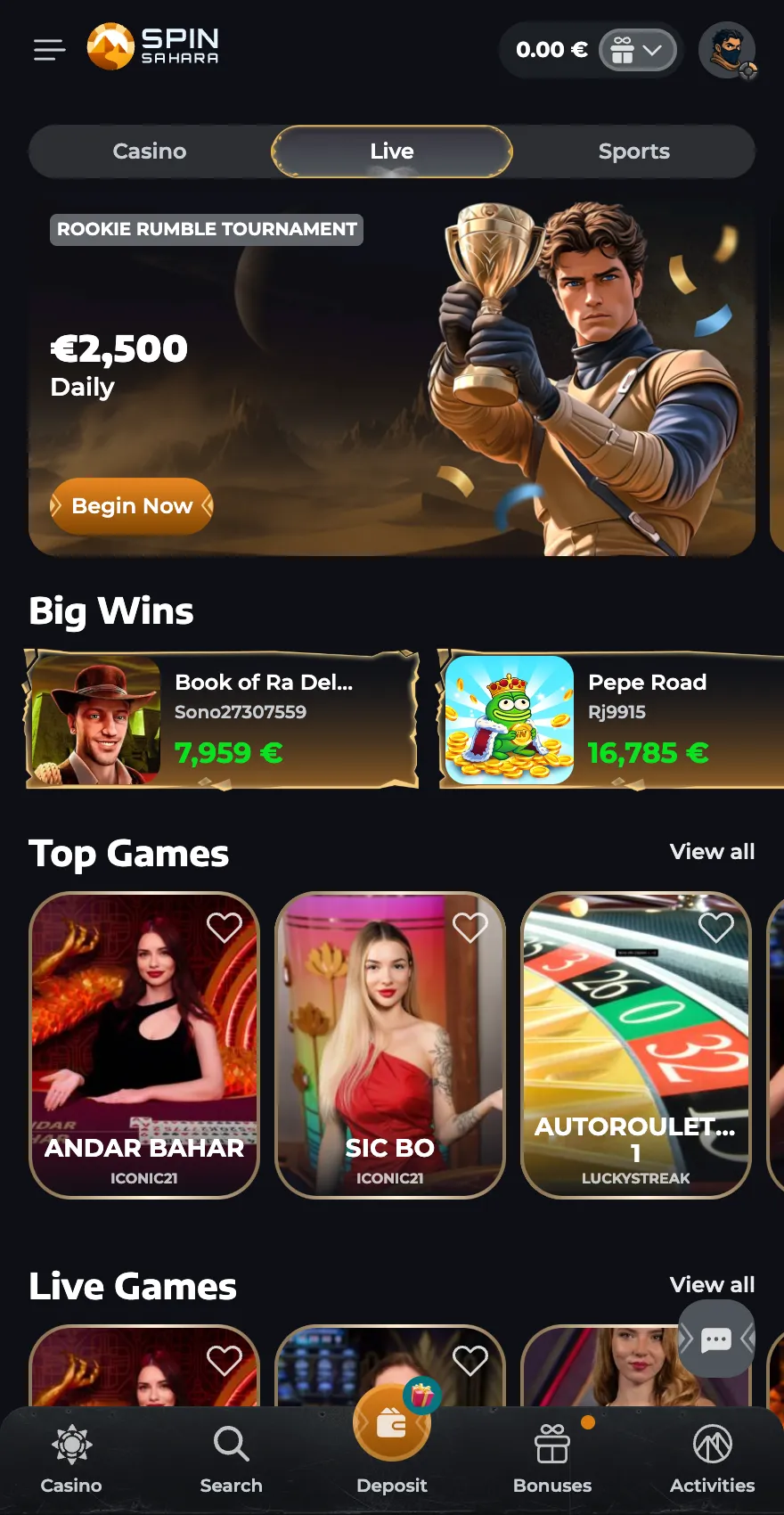 Spinsahara Casino mobile Live Casino page showing the Rookie Rumble Tournament, Big Wins, Top Games and live titles such as Andar Bahar, Sic Bo and Auto Roulette.