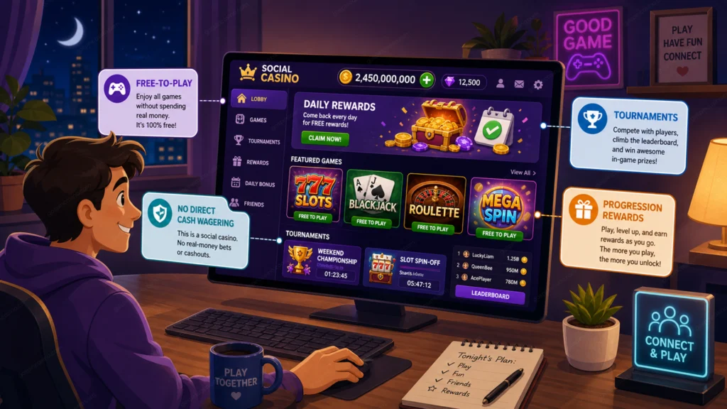 A player explores a social casino website on a desktop computer, showing free-to-play slots, blackjack, roulette, daily rewards, virtual coins, tournaments, progression rewards, and no direct cash wagering in a cozy home gaming setup.