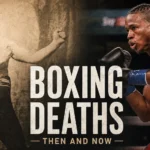 Cover image for an article about boxing deaths, showing a split composition with a vintage sepia boxer on the left and a modern boxer in the ring on the right. Large central text reads “Boxing Deaths,” with the subtitle “Then and Now,” creating a historical and modern comparison of fatal boxing injuries.