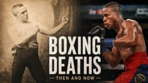 Cover image for an article about boxing deaths, showing a split composition with a vintage sepia boxer on the left and a modern boxer in the ring on the right. Large central text reads “Boxing Deaths,” with the subtitle “Then and Now,” creating a historical and modern comparison of fatal boxing injuries.