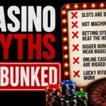 Casino myths debunked thumbnail showing common gambling misconceptions crossed out, including due slots, hot machines, betting systems, rigged online casinos and lucky rituals.