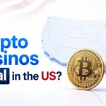 Cover image for an article asking whether crypto casinos are legal in the US, showing a US map, a Bitcoin coin, and a security shield.