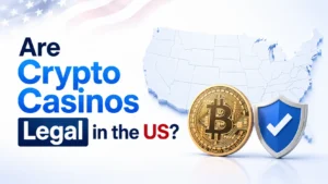 Cover image for an article asking whether crypto casinos are legal in the US, showing a US map, a Bitcoin coin, and a security shield.