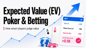 Cover image showing expected value in poker and betting, with poker chips, ace cards, a betting slip, and an upward chart line.