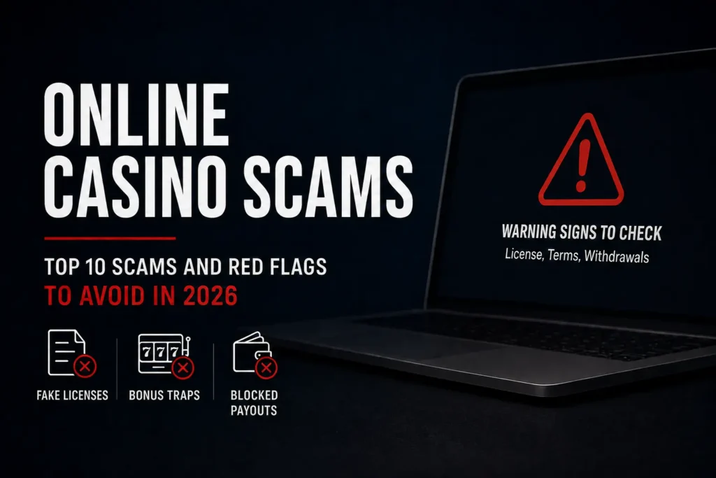 Online casino scams warning graphic showing a laptop with a red alert icon and checks for fake licenses, bonus traps and blocked payouts.