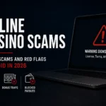 Online casino scams warning graphic showing a laptop with a red alert icon and checks for fake licenses, bonus traps and blocked payouts.