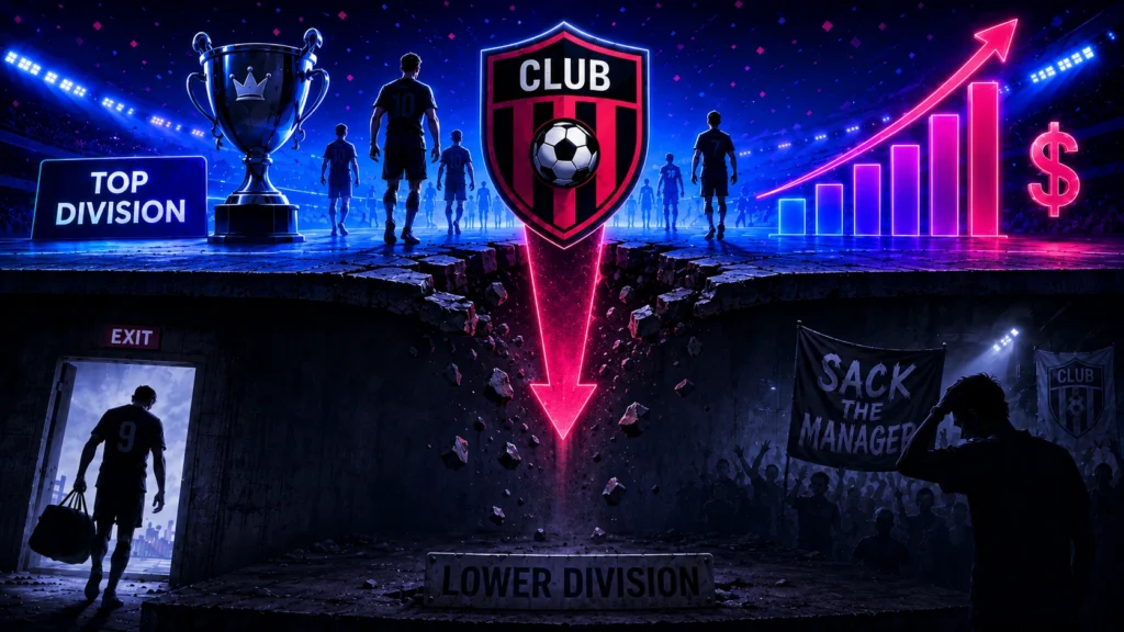 Dramatic soccer relegation illustration showing a club crest falling through a broken top-division platform toward the lower division, with a trophy, rising revenue chart, departing player, and fans protesting with a “Sack the Manager” banner.