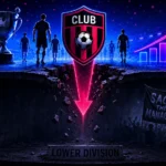 Dramatic soccer relegation illustration showing a club crest falling through a broken top-division platform toward the lower division, with a trophy, rising revenue chart, departing player, and fans protesting with a “Sack the Manager” banner.