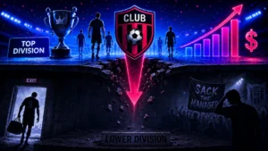 Dramatic soccer relegation illustration showing a club crest falling through a broken top-division platform toward the lower division, with a trophy, rising revenue chart, departing player, and fans protesting with a “Sack the Manager” banner.