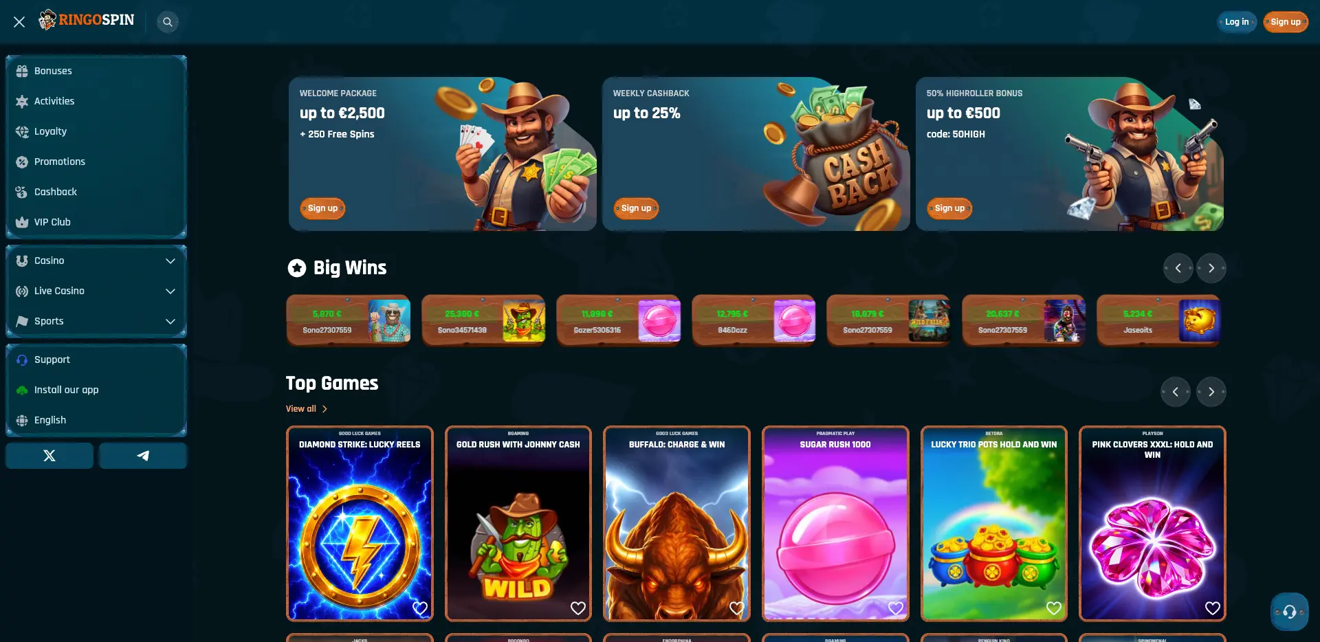 Ringospin Casino homepage showing welcome bonuses, Big Wins, top games, and navigation for casino, live casino, sports, cashback, and VIP Club.