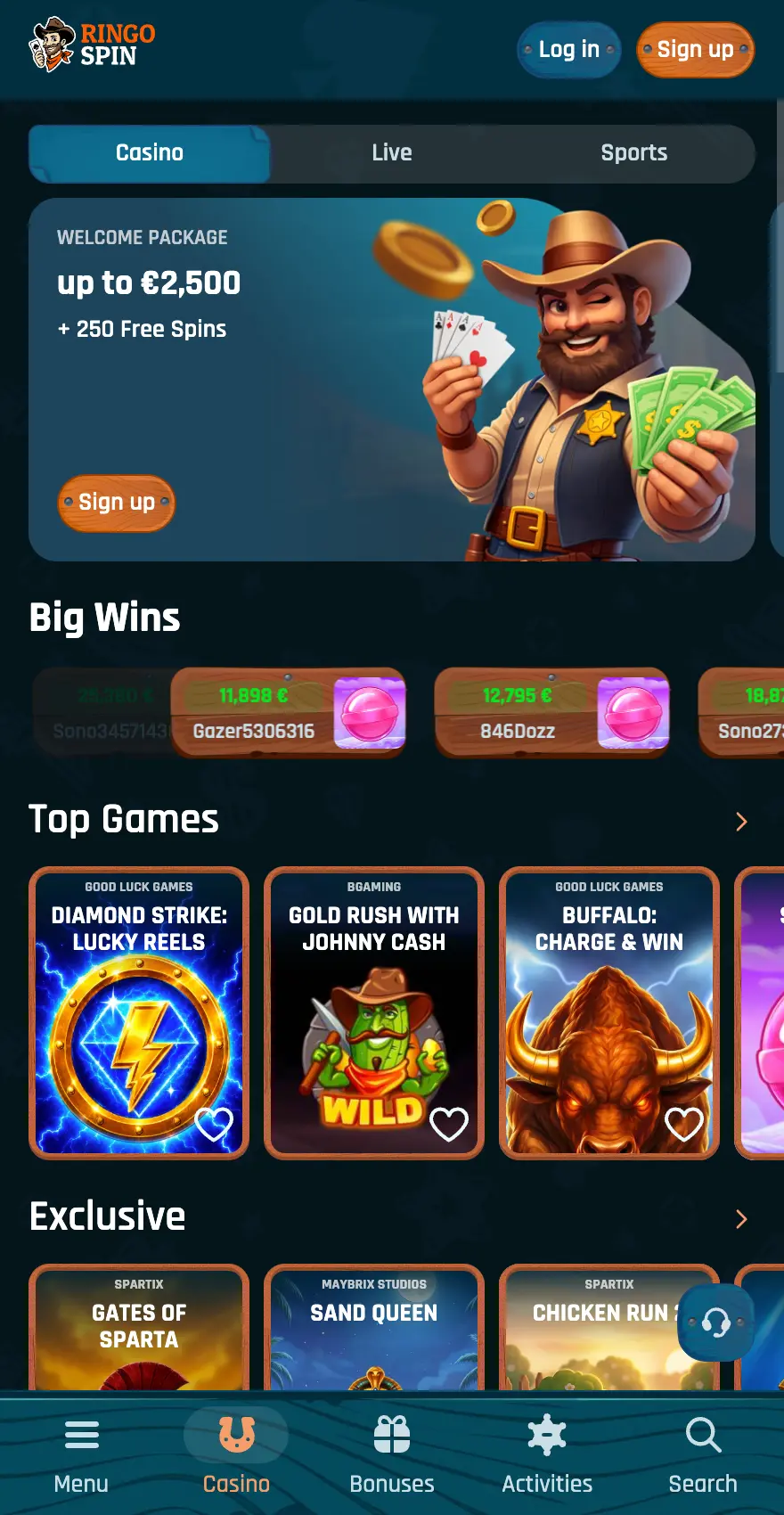 Ringospin Casino mobile homepage showing the €/$ 2,500 + 250 Free Spins welcome package, Big Wins, Top Games, Exclusive games, and bottom navigation menu.