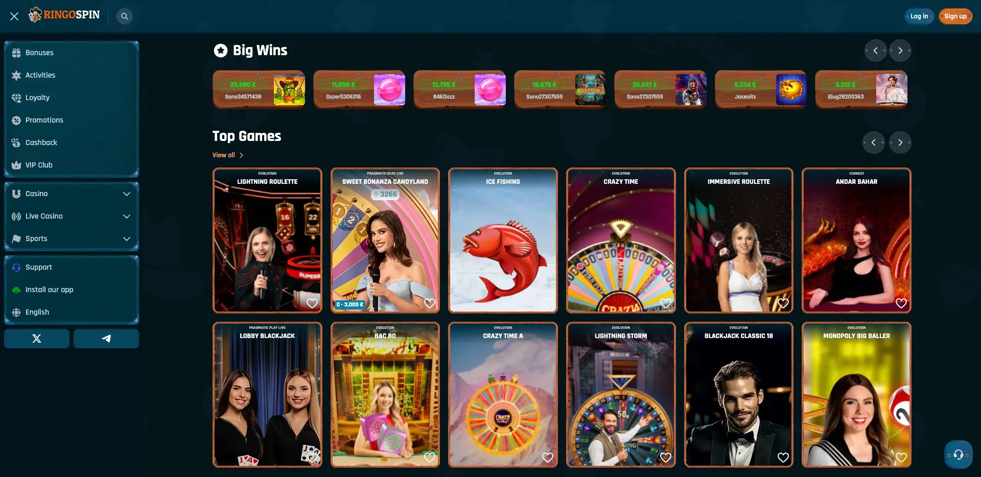 Ringospin Casino live casino lobby showing Big Wins and live dealer games including Lightning Roulette, Sweet Bonanza CandyLand, Crazy Time, Immersive Roulette, Blackjack, Bac Bo, and Lightning Storm.