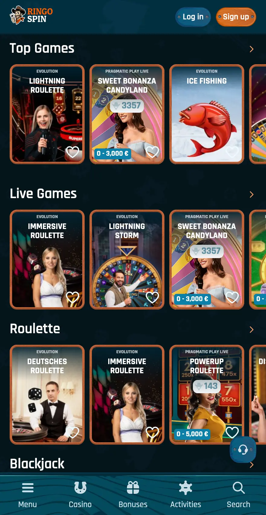 Ringospin Casino mobile live casino lobby showing Top Games, Live Games, Roulette, and Blackjack sections with titles from Evolution and Pragmatic Play Live.