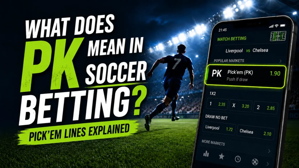 PK soccer betting explained with a sportsbook app showing Liverpool vs Chelsea, Pick’em odds, 1X2 markets, and Draw No Bet options in a football stadium.