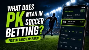 PK soccer betting explained with a sportsbook app showing Liverpool vs Chelsea, Pick’em odds, 1X2 markets, and Draw No Bet options in a football stadium.