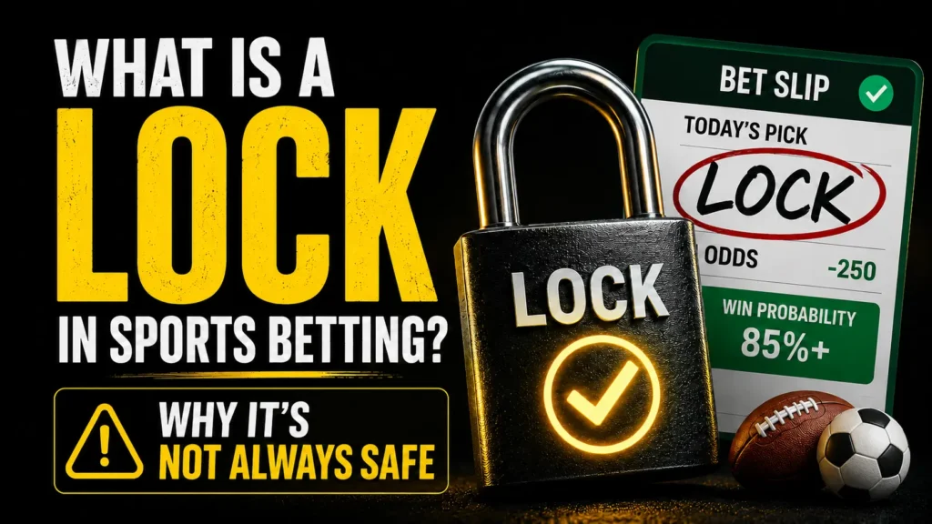 What is a lock in sports betting thumbnail with padlock, betting slip, warning sign, football and soccer ball explaining why lock picks are not always safe.