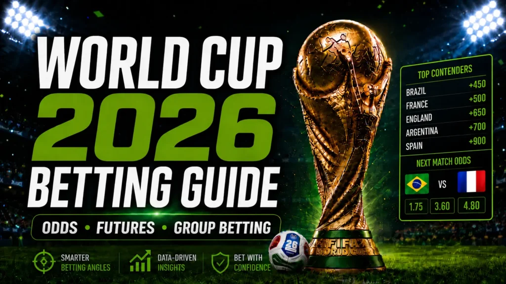 World Cup 2026 Betting Guide cover image featuring a stadium scene, World Cup trophy, 2026 tournament ball, betting odds panel, and key markets including odds, futures and group betting.