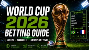 World Cup 2026 Betting Guide cover image featuring a stadium scene, World Cup trophy, 2026 tournament ball, betting odds panel, and key markets including odds, futures and group betting.