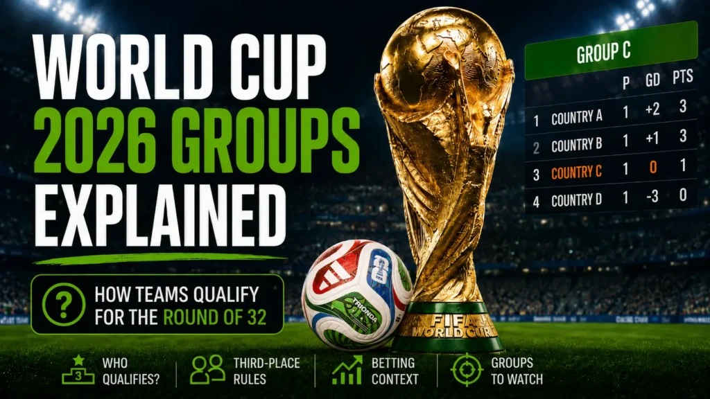 World Cup 2026 Groups Explained cover image with trophy, official match ball, group table, Round of 32 qualification prompt and betting context icons in a stadium setting.