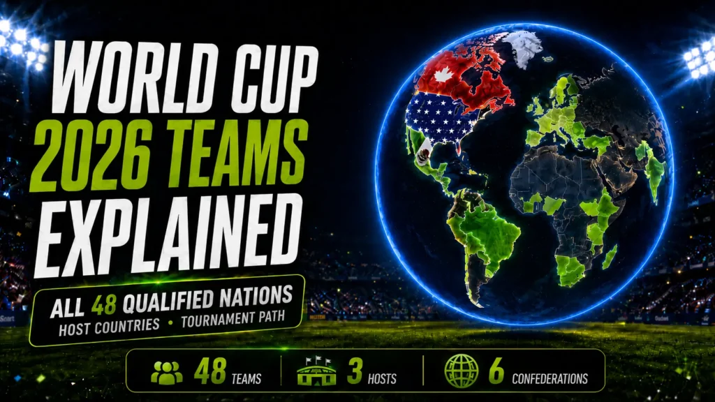 World Cup 2026 teams explained cover image showing a glowing globe with qualified nations highlighted, host countries and tournament stats.