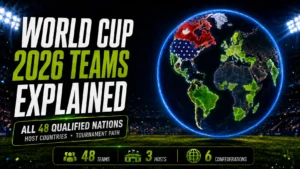 World Cup 2026 teams explained cover image showing a glowing globe with qualified nations highlighted, host countries and tournament stats.