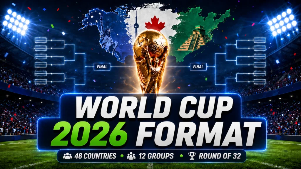 World Cup 2026 format explained with trophy, stadium, 48 teams, 12 groups and Round of 32 tournament bracket.