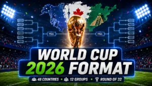 World Cup 2026 format explained with trophy, stadium, 48 teams, 12 groups and Round of 32 tournament bracket.