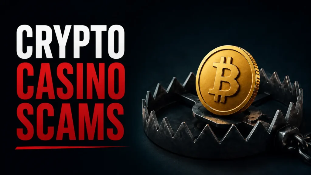 Cover image for Crypto Casino Scams showing a Bitcoin coin inside a metal trap, with bold warning-style text highlighting crypto casino scam risks before depositing.