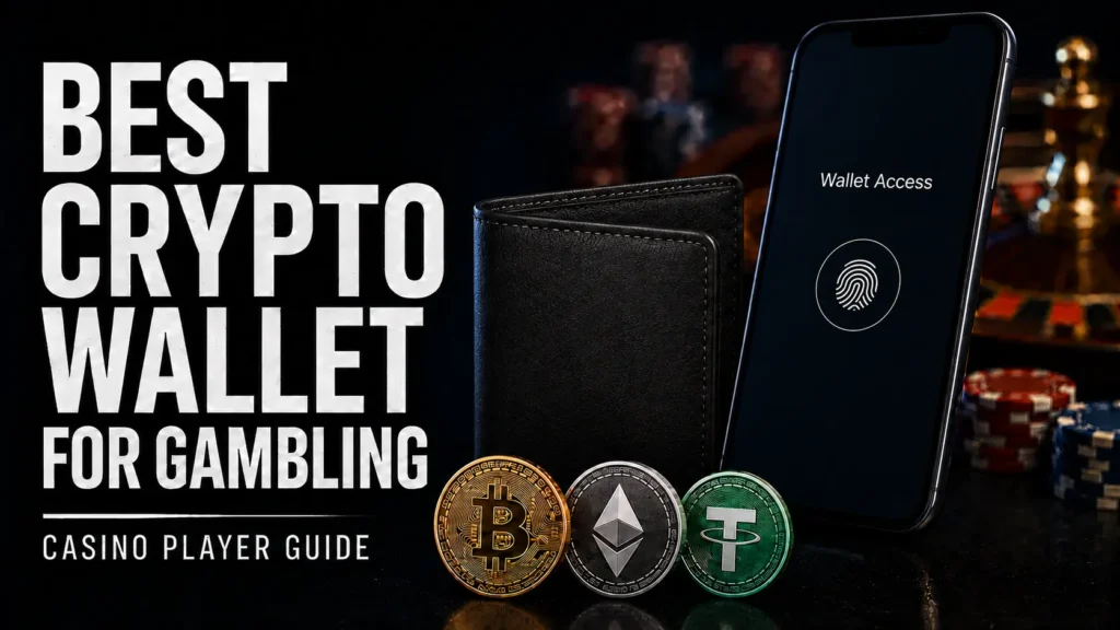 Cover image for a casino player guide about choosing the best crypto wallet for gambling, showing a smartphone with biometric wallet access, a physical wallet, crypto coins and casino chips in a dark casino-style setting.
