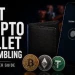 Cover image for a casino player guide about choosing the best crypto wallet for gambling, showing a smartphone with biometric wallet access, a physical wallet, crypto coins and casino chips in a dark casino-style setting.